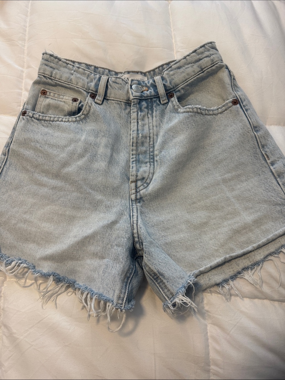 Zara Light Blue High-Rise Frayed Denim Shorts